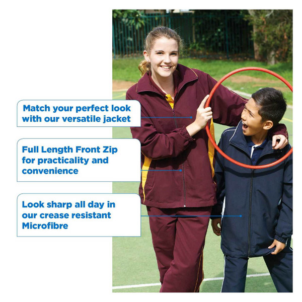 Navy microfibre sports jacket with orange contrast panels and full-length front zip worn by child