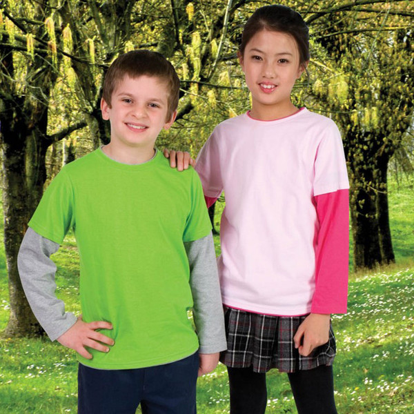 Lime green and pale pink long sleeve tees with contrasting grey and hot pink sleeves on kids
