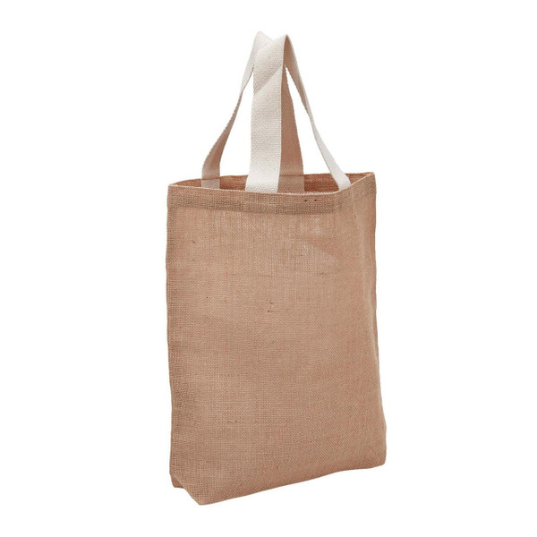 Natural jute tote bag with contrasting cream cotton handles and visible weave texture