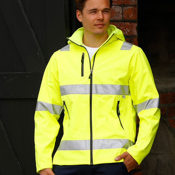 Fluorescent yellow hi-vis softshell jacket with reflective silver tape strips and black contrast zip panels