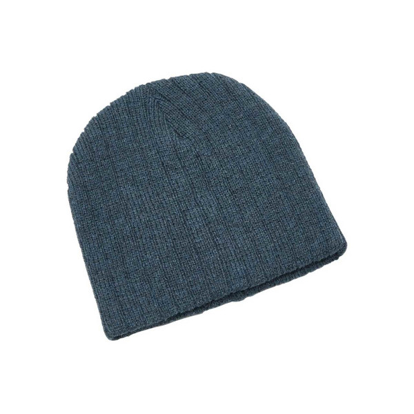 Heather navy cable knit beanie with ribbed texture and cuffed hem