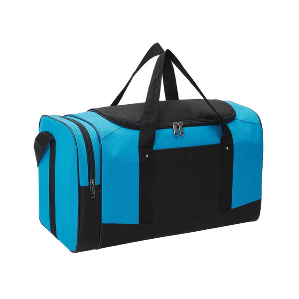 Cyan blue and black sports duffle bag with contrast panels, multiple zippered pockets and carry handles