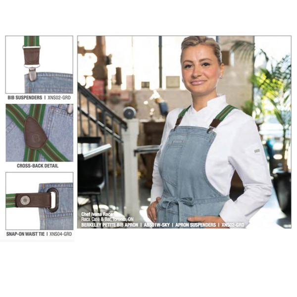 Chef wearing sky blue denim-look full bib apron with green cross-back suspenders and snap-on waist tie in café setting
