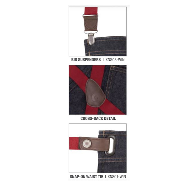Indigo blue denim bib apron with burgundy neck strap, brown leather details and metal clip fasteners