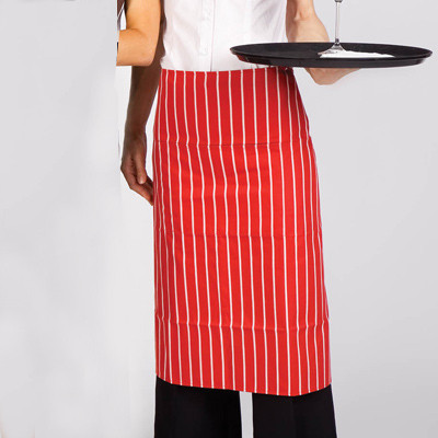 Red and white vertical striped waist apron with black waistband and ties