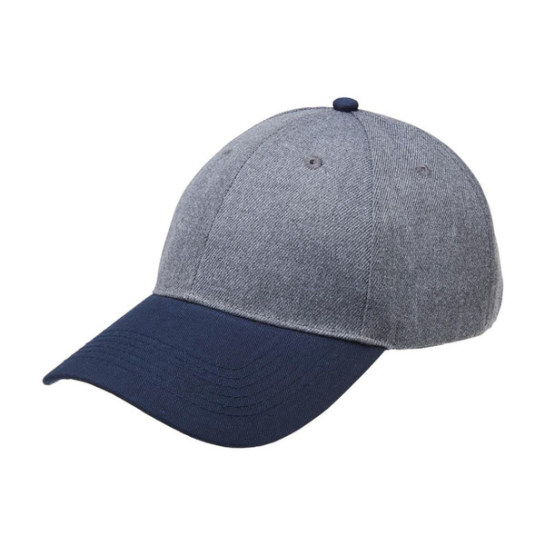 Heathered grey crown baseball cap with navy blue contrast visor and top button