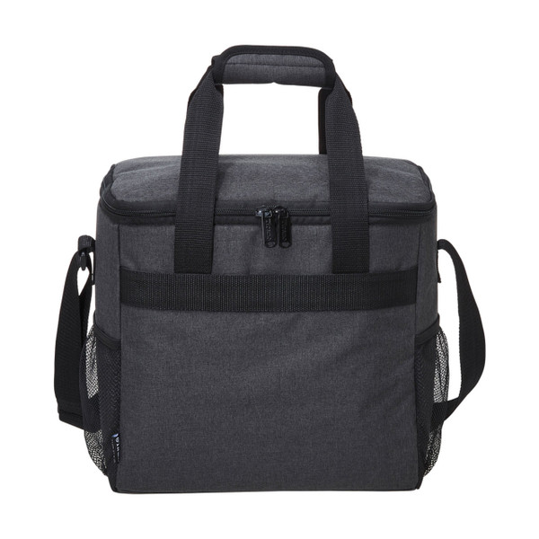Charcoal grey canvas-like cooler bag with black handles, shoulder strap, and mesh side pockets