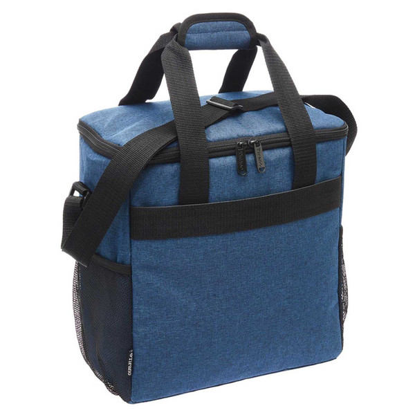 Navy blue heathered canvas cooler bag with black zip top, dual carry handles, shoulder strap and side mesh pocket