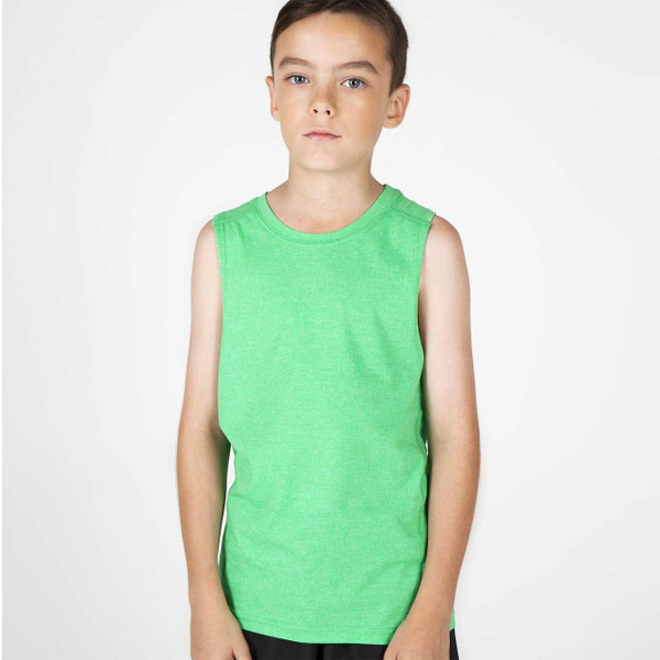 Boy wearing a heathered lime green sleeveless tank top with crew neck and smooth front panel