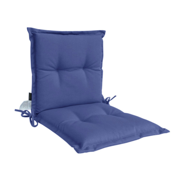 Navy blue outdoor chair cushion with quilted padded sections and corner tie attachments