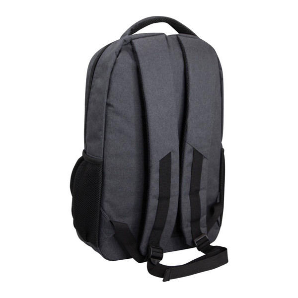 Charcoal grey canvas-like backpack with black padded straps and mesh side pocket, rear view