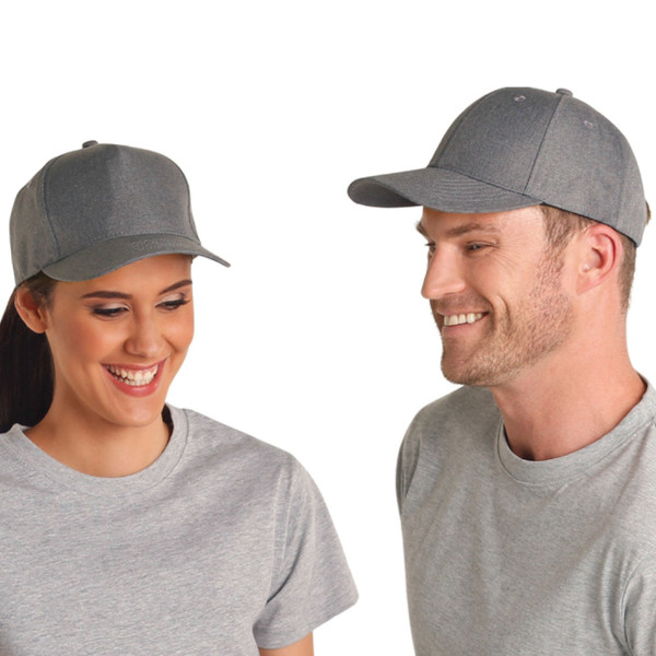 Man and woman wearing marle grey structured baseball caps with curved brims and smooth crown panels