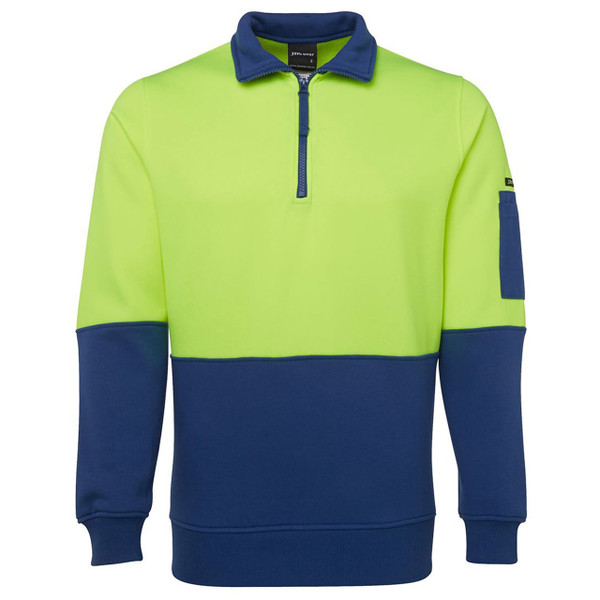 Hi-vis lime fleece sweater with navy contrast collar, lower body, sleeves and half-zip placket
