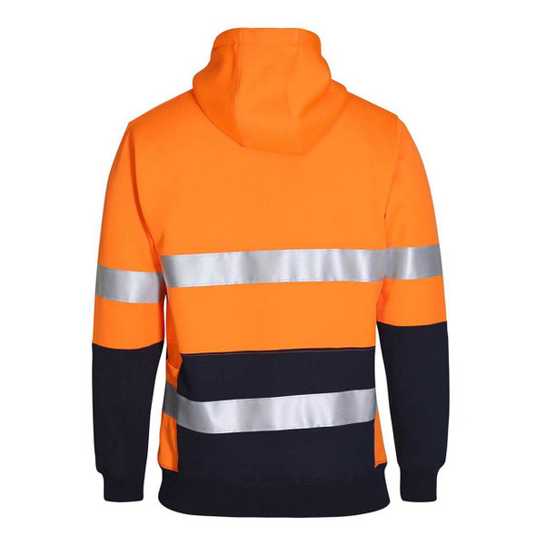 Fluorescent orange and navy hoodie with silver reflective tape stripes across back and sleeves