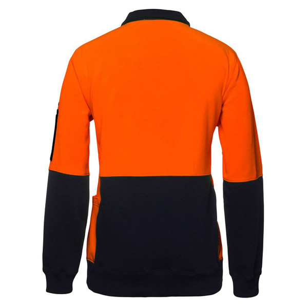 Hi-vis orange and navy fleece sweater with contrasting collar and half-zip closure, back view