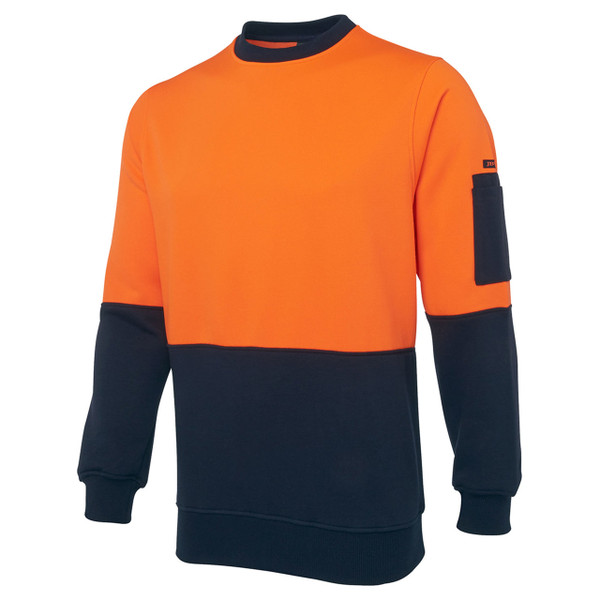 Hi-vis orange and navy crew neck fleece sweater with contrast panels and sleeve pocket
