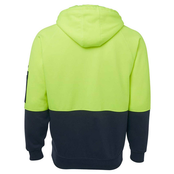 Safety yellow and navy two-tone fleece hoodie with full zip, viewed from back showing colour block panel design