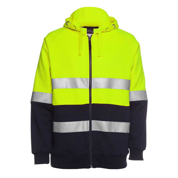 Hi-vis safety hoodie in fluorescent yellow and navy with 3M reflective tape across chest and lower body