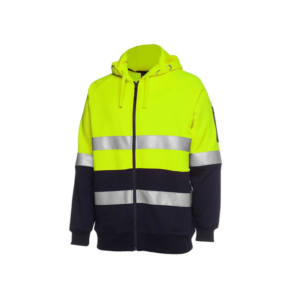 Hi-vis yellow and navy zip hoodie with horizontal 3M reflective tape across chest and waist