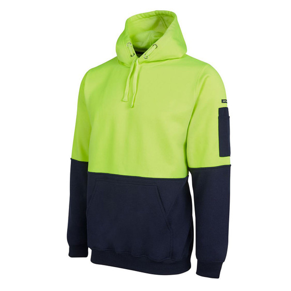 High visibility lime yellow and navy fleece hoodie with contrast colour blocking and sleeve pocket panel