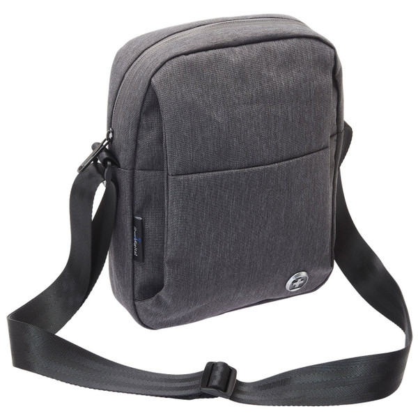 Charcoal grey shoulder bag with adjustable black strap, front zip pocket and branded badge detail