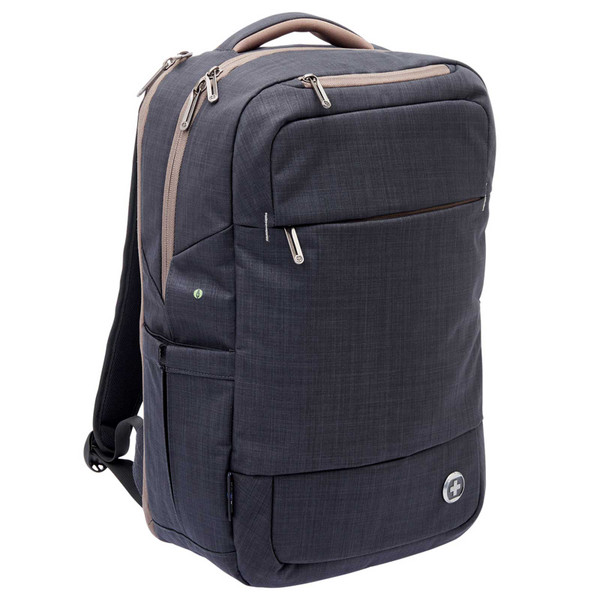 Charcoal grey laptop backpack with tan contrast handles and multiple zippered compartments