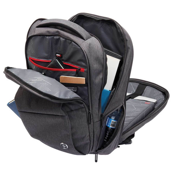 Charcoal grey laptop backpack with multiple compartments open displaying grey interior lining and organizational pockets
