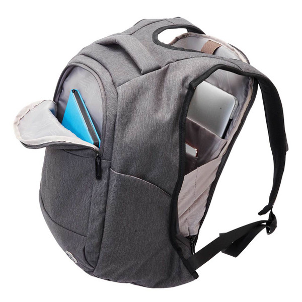 Charcoal grey heather anti-theft backpack with open compartments revealing laptop sleeve, tablet pocket and organiser panels