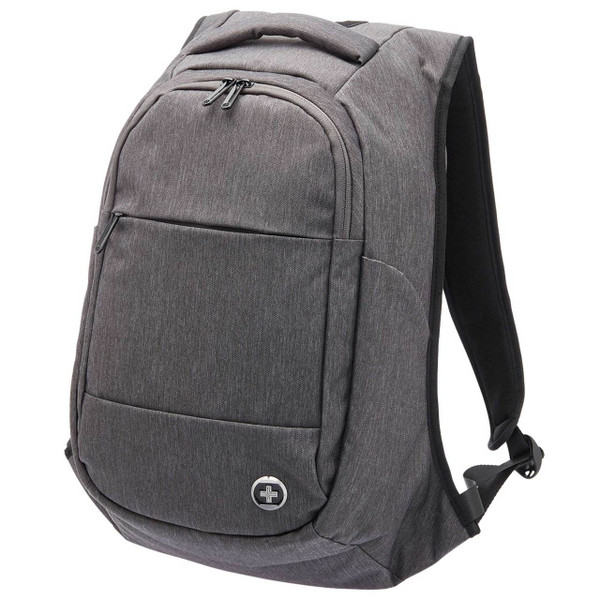 Charcoal grey anti-theft backpack with padded shoulder straps, multiple zippered compartments and front logo badge