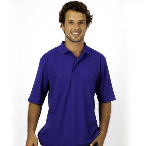 Royal blue short sleeve polo shirt with collar and button placket in solid pique knit