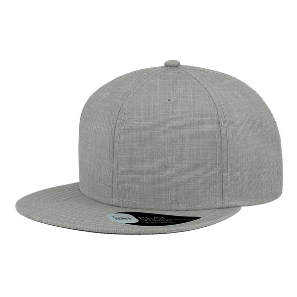 Light grey heather flat peak snapback cap with structured six-panel crown and matching flat brim