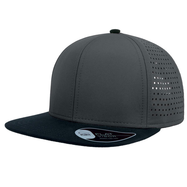 Charcoal grey and black snapback cap with perforated side panels and structured flat peak