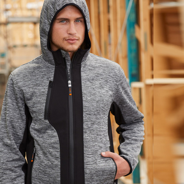 Charcoal marle fleece jacket with black contrast panels and centre zip closure
