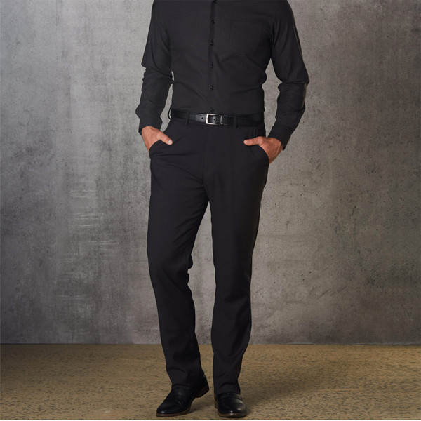 Black business pants with belt loops and side pockets, featuring stretch fabric and flexi waistband