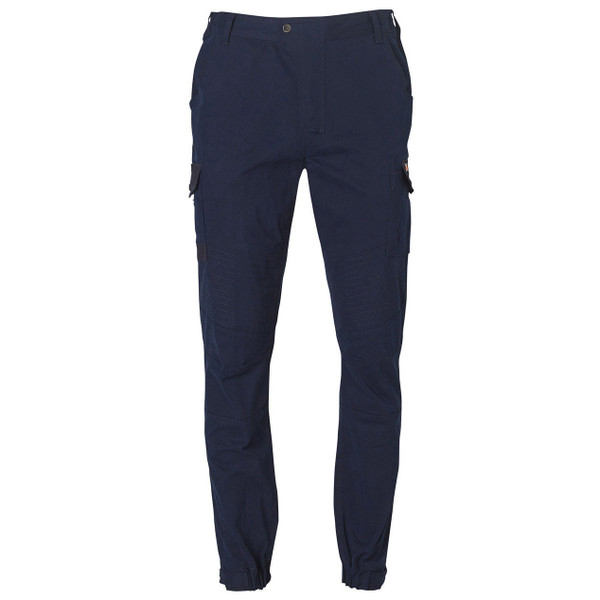 Navy blue men's stretch cargo work pants with side cargo pockets and elasticated cuffed ankles