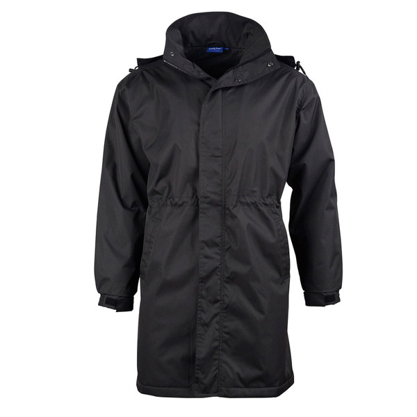 Charcoal grey longline jacket with attached hood, snap button front closure, and elasticated cuffs