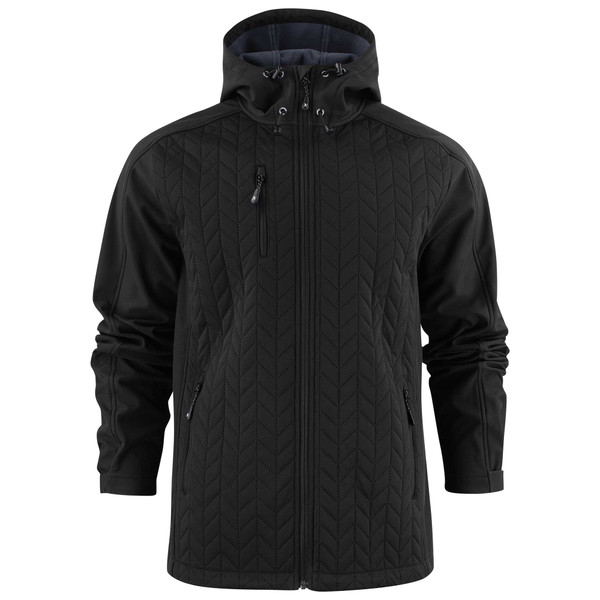 Black quilted softshell jacket with detachable hood, full-zip front, chest zip pocket and lower zip pockets