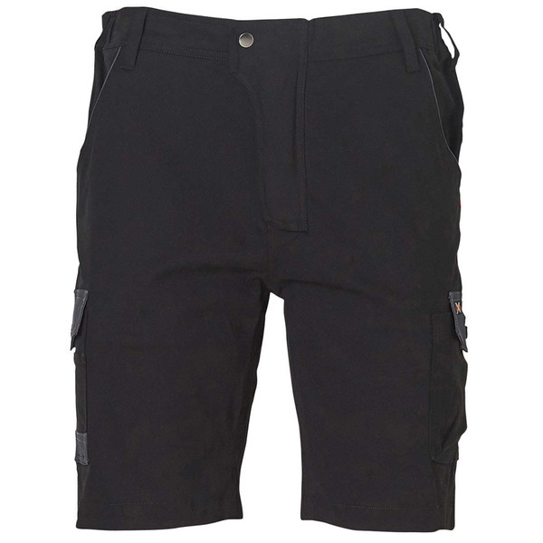 Black cotton canvas cargo shorts with charcoal contrast panels, side cargo pockets and metal button fly