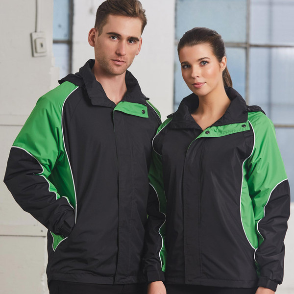 Man and woman wearing black and Kelly green contrast panel rip stop jackets with snap collar and curved side inserts