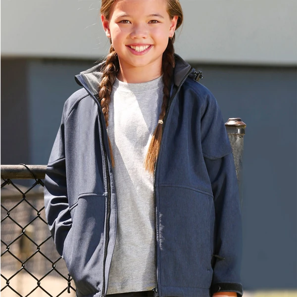 Navy soft shell hooded jacket with grey contrast lining, full-length zip and front pockets worn by child