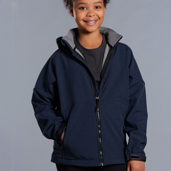 Navy kids soft shell jacket with grey hood lining and full-length zipper closure