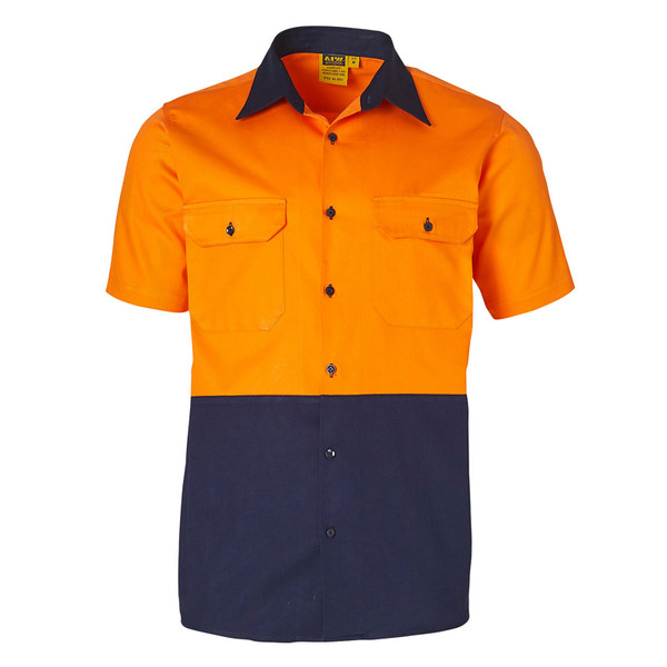 High-visibility orange and navy two-tone work shirt with contrast collar, chest pockets and short sleeves