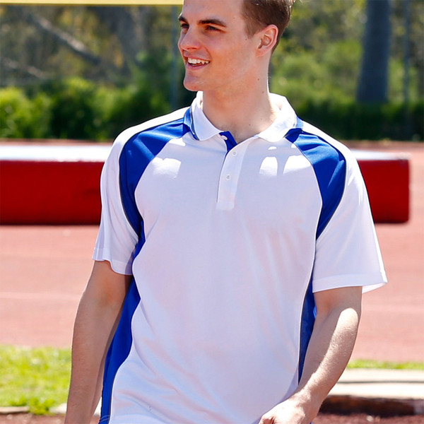 White polo shirt with royal blue and navy contrast panels on shoulders and sides, short sleeves