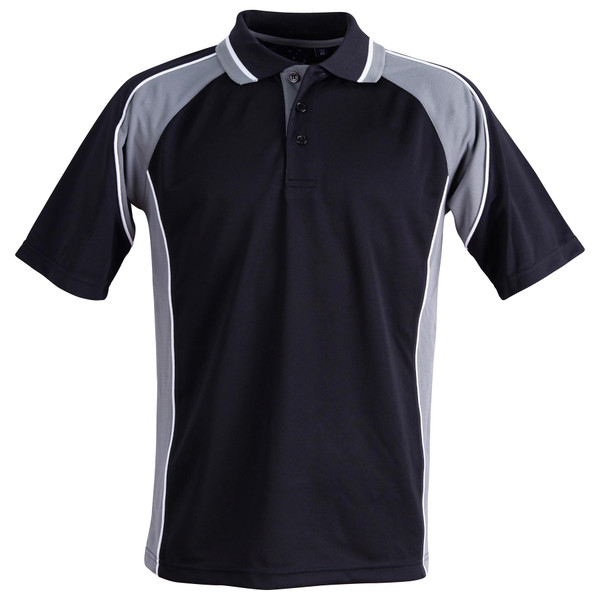 Black short sleeve polo with grey contrast panels and white piping detail