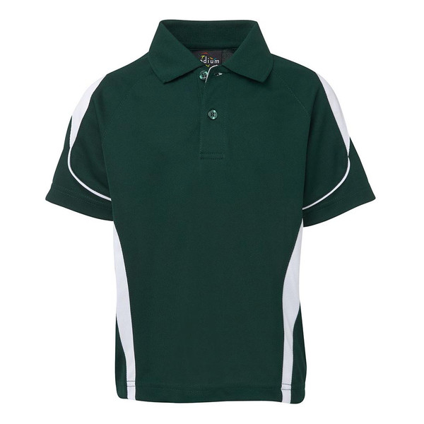 Forest green kids polo shirt with white contrast panels and piping detail on sleeves