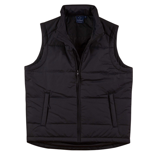 Black quilted padded vest with full-length front zipper and two zippered hand pockets