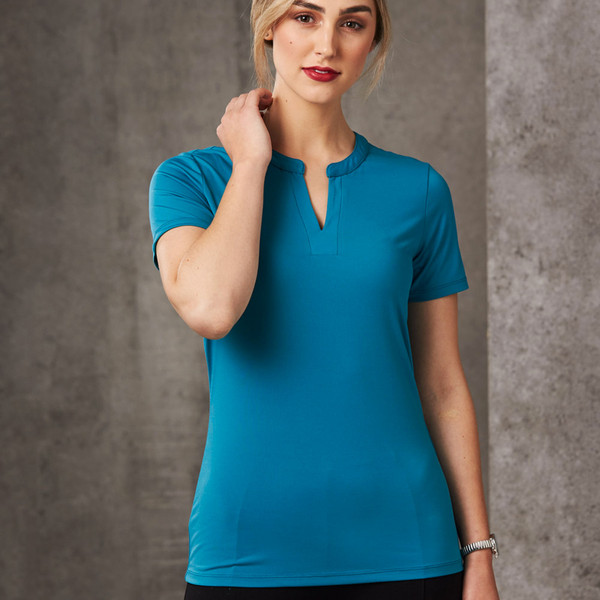 Teal short sleeve knit top with notched V-neck and button tab detail