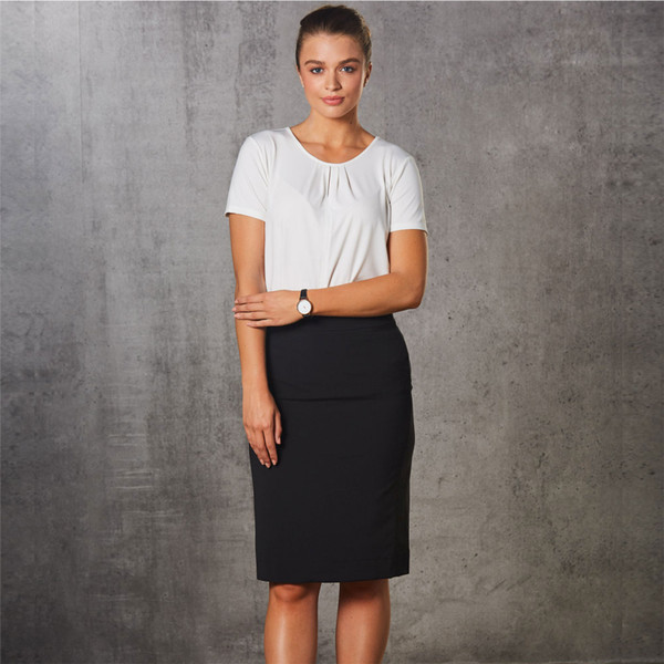 Black mid-length pencil skirt with white short-sleeved top, front view showing tailored fit