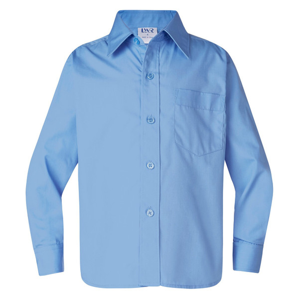 Sky blue long sleeve kids school shirt with button front, chest pocket and standard collar — flat lay packshot