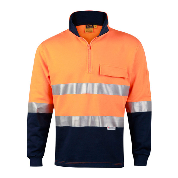 Hi-vis fleece sweater in fluorescent orange and navy with 3M reflective tape and chest pocket